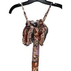 Almost Famous Floral Smocked Tie-Front Crop Top L Boho Summer Lightweight